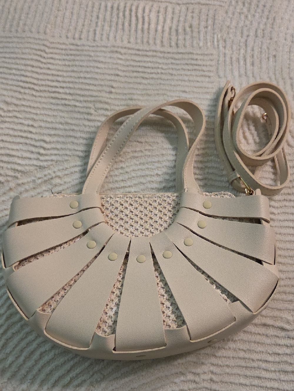 Cream Woven Panel Crescent Shoulder Bag